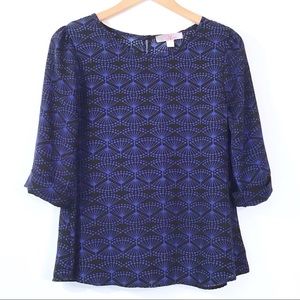 Myan Brand Blue & Black Print Blouse Size S Cuffed 3/4 Sleeves Back Button Slit